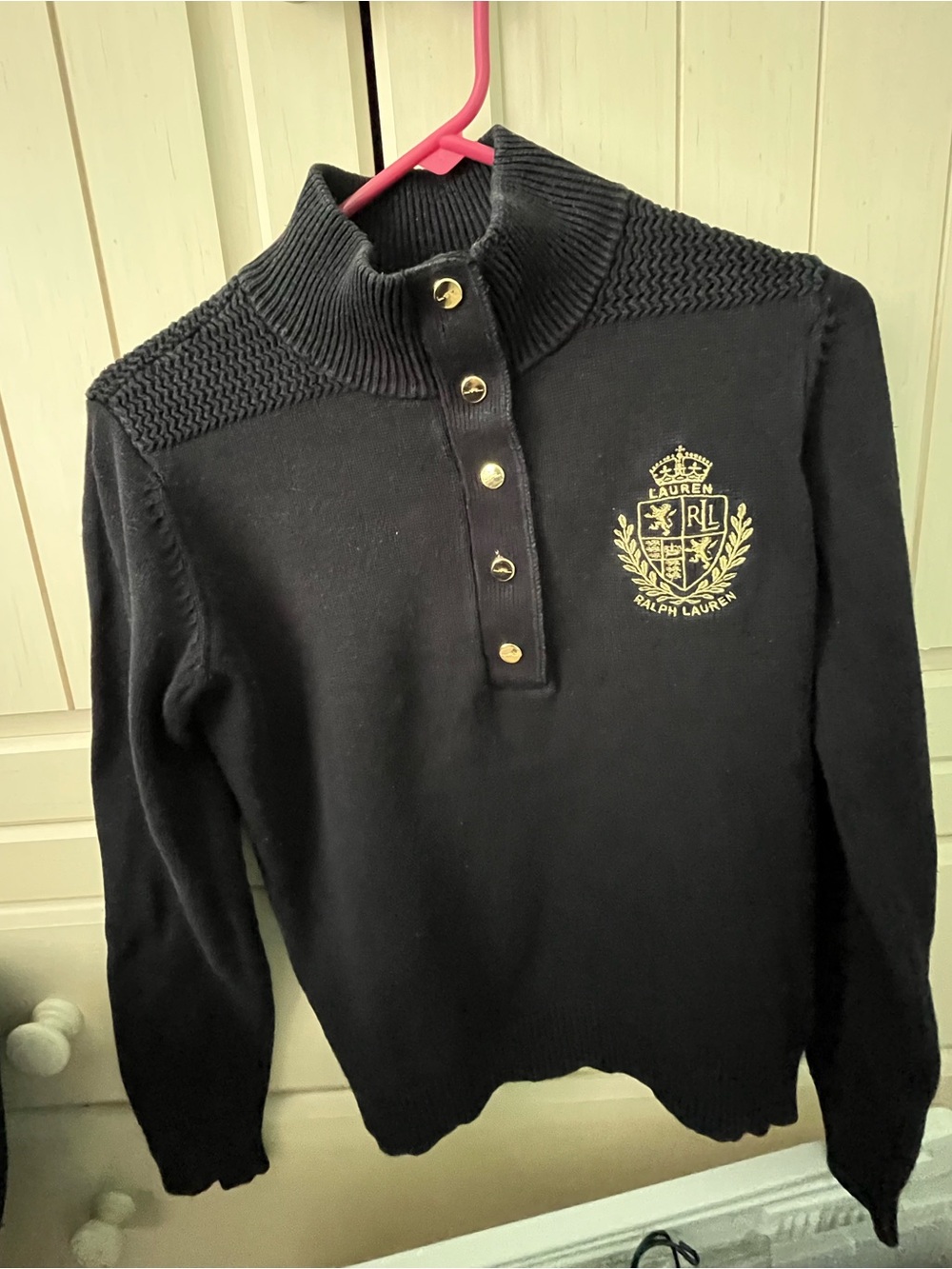 Vintage 90s Ralph Lauren Gold Crest Sweater 5 Snap Distressed